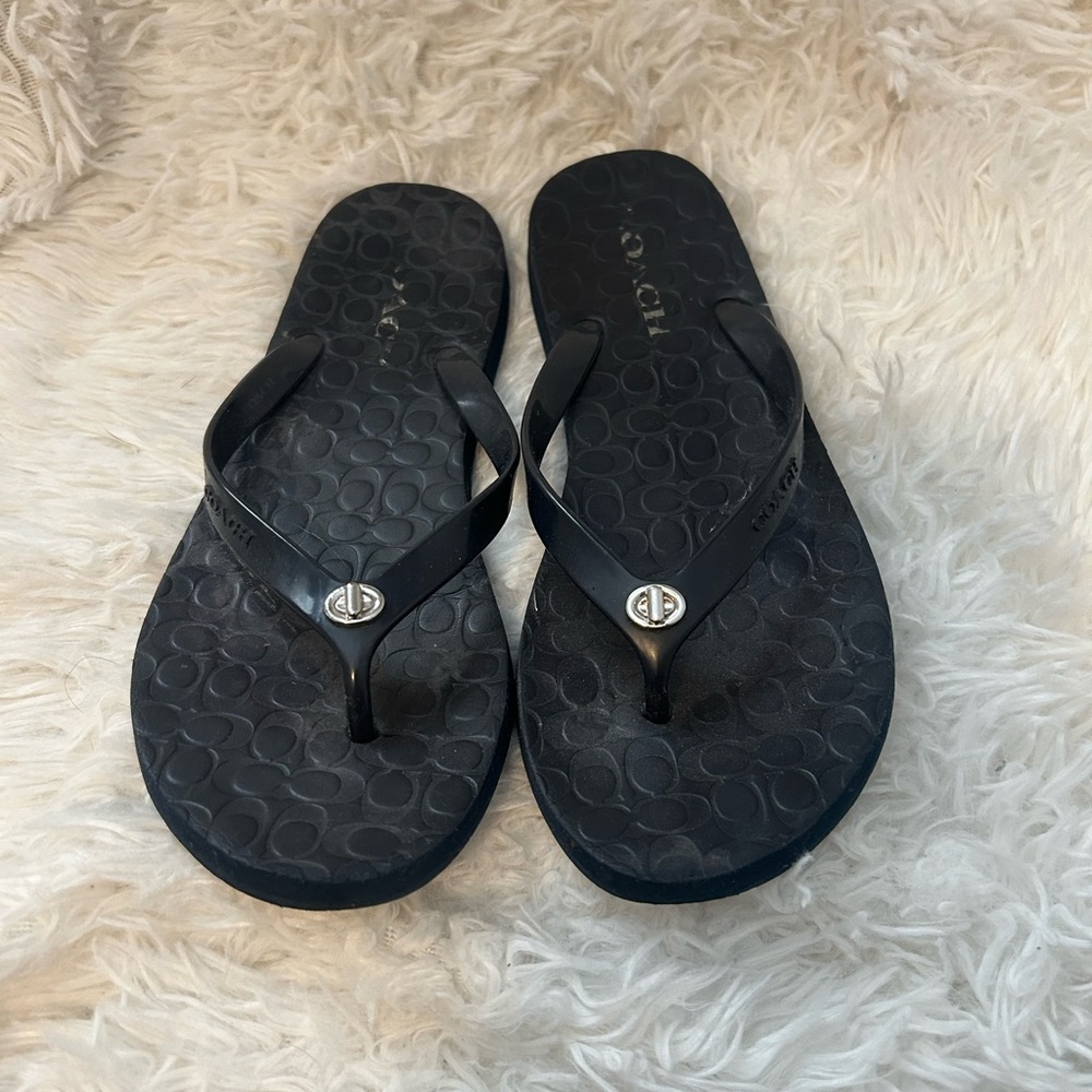 Coach Navy Blue Flip Flops with Logo Detail
